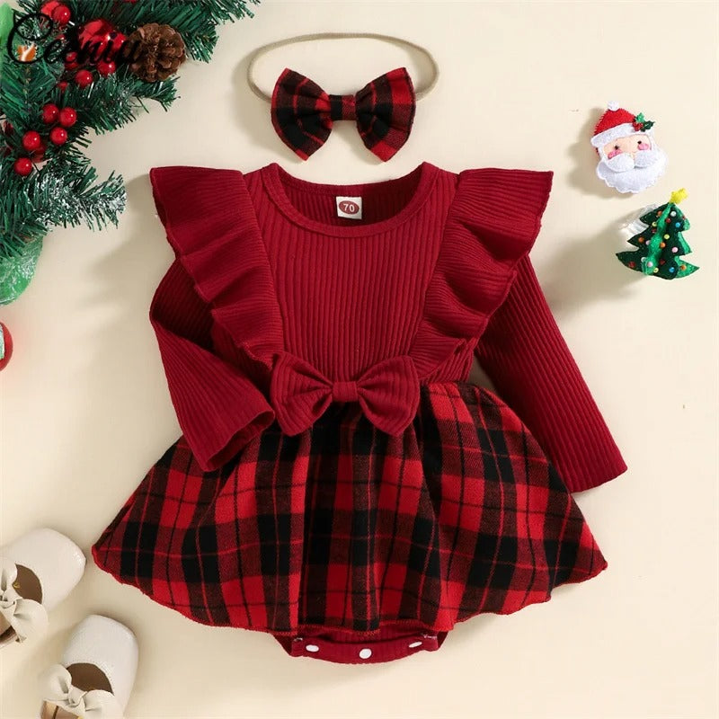Baby- Weihnachten Bodysuit mit Gerippt Plaid und Stirnband
