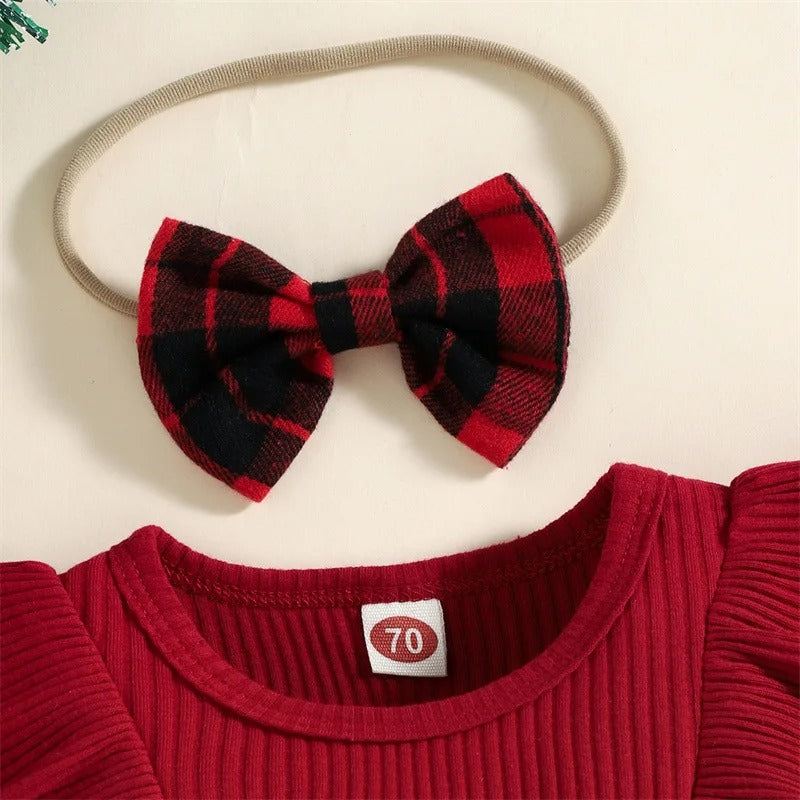 Baby- Weihnachten Bodysuit mit Gerippt Plaid und Stirnband