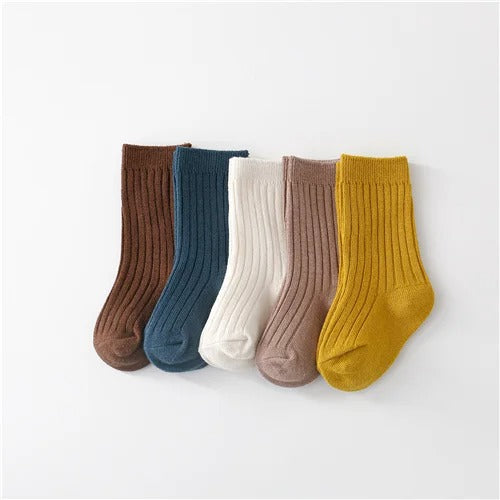 5er-Set einfarbiger Baby-Socken aus reiner Baumwolle - Curry/ Blau